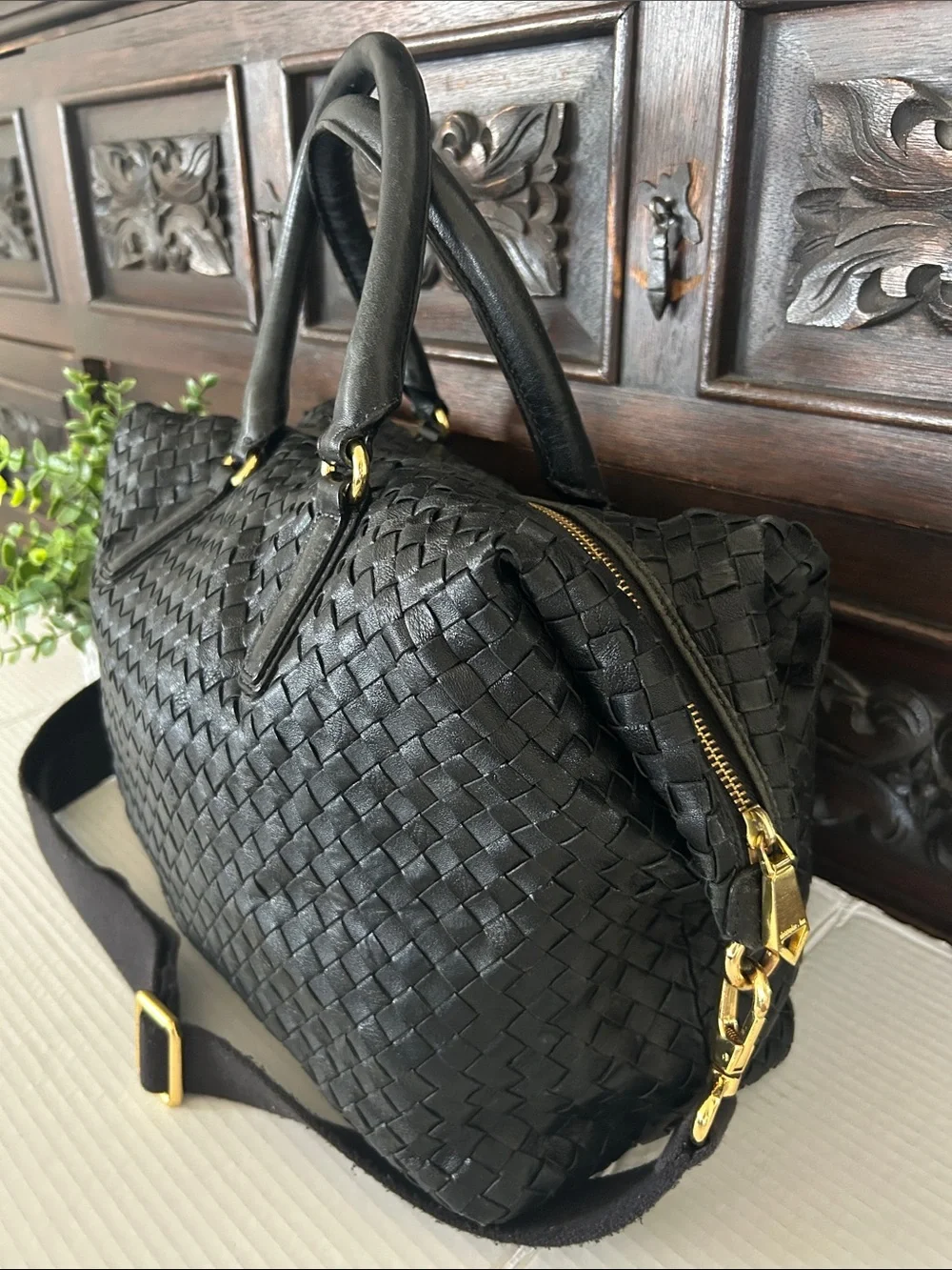 Christopher Kon Woven Leather Tote Bag with Detachable Strap - Black - Picture 3 of 15